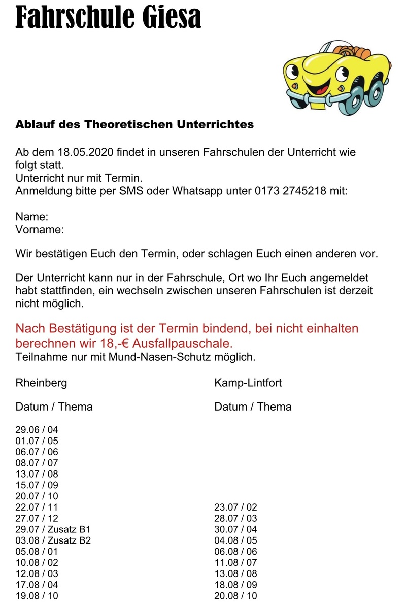 28.05.2020: verfügbare Termine für den theoretischen Unterricht ab 29.6. !